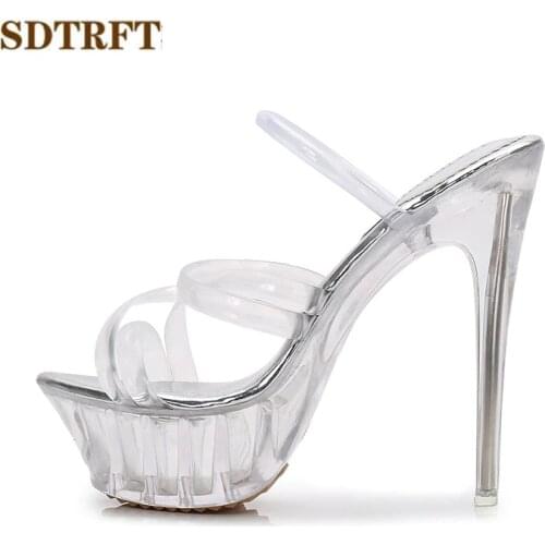 SDTRFT Fashion Narrow Band stilettos Crossdresser Sandals 14cm thin heels transparent platforms shoes woman pumps US9 10 11 12