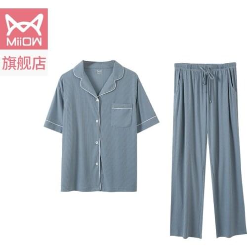 Spring and Autumn lady cardigan short sleeve trousers home service suit thin loose large size new pajamas female summer