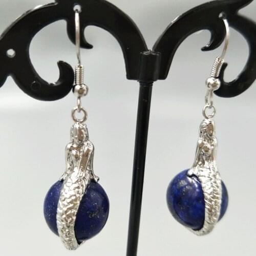 Free Shipping Women Fashion Jewelry 14mm Natural Lapis Lazuli Mermaid Spherical Beads Dangle Earrings C5315