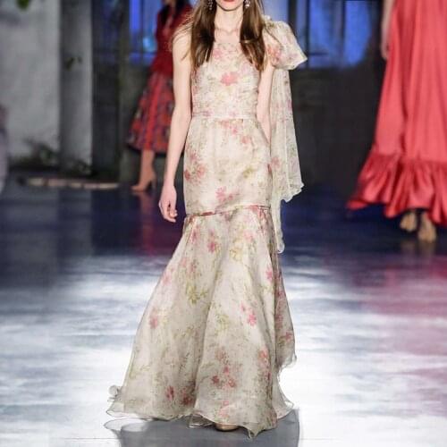 Elegant Ruffles Mermaid Long Party Dress 2021 Summer Runway Vintage Floral Printed Sleeveless Chiffon Maxi Dresses for Women