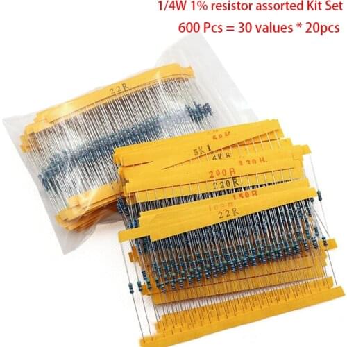600 Pcs = 30 values * 20pcs Each Value Metal Film Resistor pack 1/4W 1% resistor assorted Kit Set