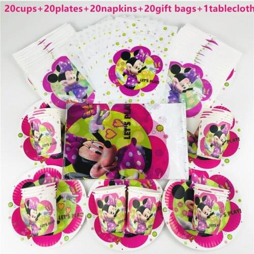 81Pcs Disney Minnie Mouse Theme Disposable Tableware Design Kids Birthday Party Paper Plate+Cup+Napkin+Candy Gift Bags Supplies