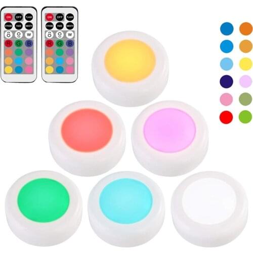 Dimmable Wireless LED Cabinet Light Battery RGB WW Colorful Puck Lights Under Shelf Kitchen Counter Remote Controller Night Lamp