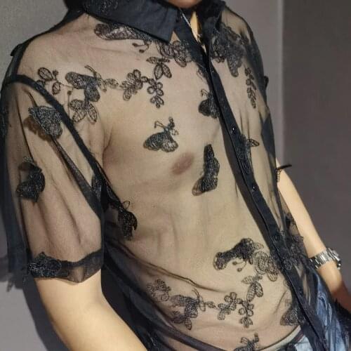 Black Butterfly Lace Sexy Shirt Embroidery See Through Shirt Men Social Club Luxe Transparent Shirt Summer Short Sleeve Shirt