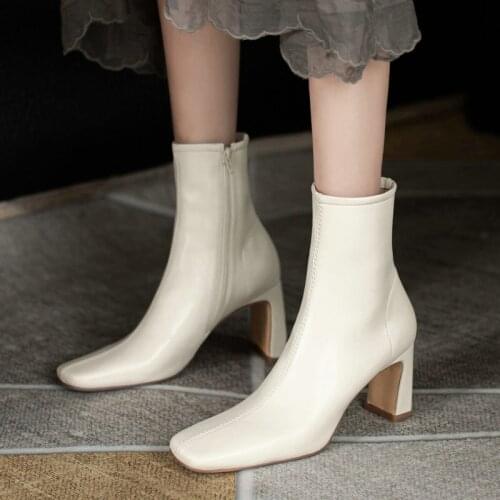 Black White New Simple Stretch Boots Women Square High Heel Ankle Boots Ladies Square Toe Side Zipper Autumn Winter Short Boots