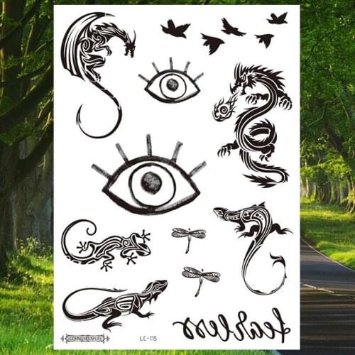 Black Vintage Elements Temporary Tattoos Stickers for Men Women Dragon Gecko Eyes Birds Tatoo Waterproof Fake Tattoo Art Tatoo