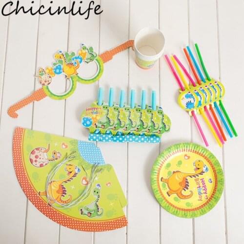 Chicinlife 1Set Dinosaur Disposable Tableware Paper Plates Cups Straws Glasses Baby Shower Kids Birthday Party Decor Supplies