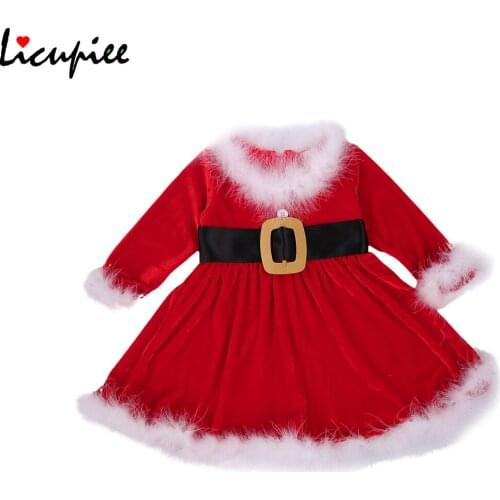 Baby Kids Autumn Christmas Outfits, Fleece Red O-neck Long-sleeves High-waist Skirt with Back Zipper for Toddler Girls 0-4 Years
