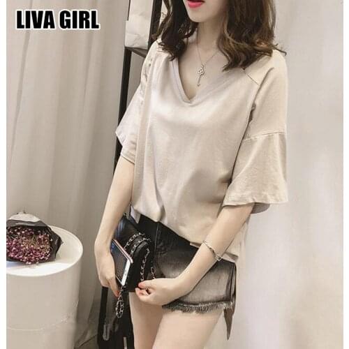 Liva Girl Elegant Fashion Ladies New Stylish Pure Color V-Neck Shirts Loose T Shirt Plus Size Top Tees Casual For Female Shirts