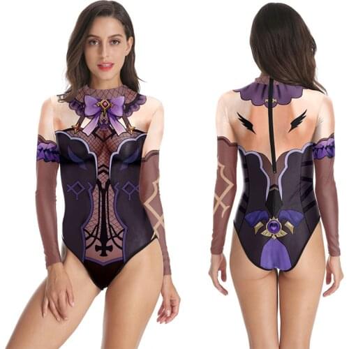 Game Genshin Impact Cosplay Mona Bodysuit Summer Women Sexy High Neck Stretch Romper Sleepwear Long Sleeve Swimwear Drop Ship