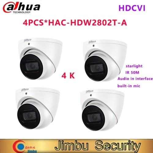 Dahua HDCVI camera 4PCS HAC-HDW2802T-A 4K Starlight HDCVI IR Eyeball Camera Audio in interface built in mic work with XVR