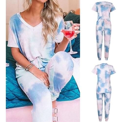 Kili Womens Fashion Tie-Dye Printing Short-Sleeved Trousers Home Service 2-Piece Suit Blue