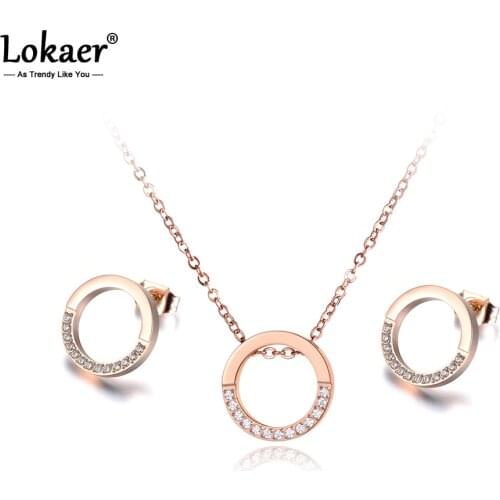 Lokaer Stainless Steel Round Circle Mosaic Shiny CZ Crystal Necklace Earrings Bridal Sets For Women Wedding Bands Jewelry SE026