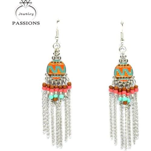Hot Sale Bohemian Women Jewelry Resin Colorful Bead Drop Earrings Rome Style Gold&Silver Color Chain Tassel Dangle Long Earings