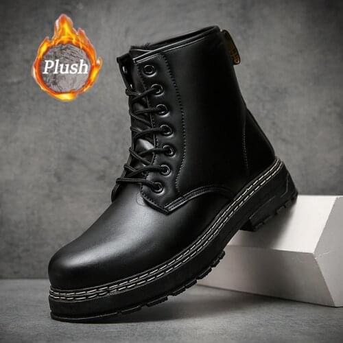 MILIKUYOU Leather Boots Men Plush Keep Warm Mens Casual Shoes Comfortable Ankle Boots Men Tooling Boots Winter Snow Shoes 2021