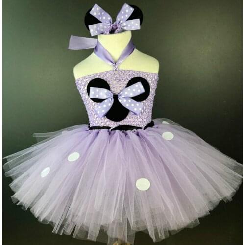 Cute Girls Lavender Mickey Minnie Tutu Dress Baby Crochet Dress with White Dots and Hairbow Kids Birthday Party Cosplay Dresses