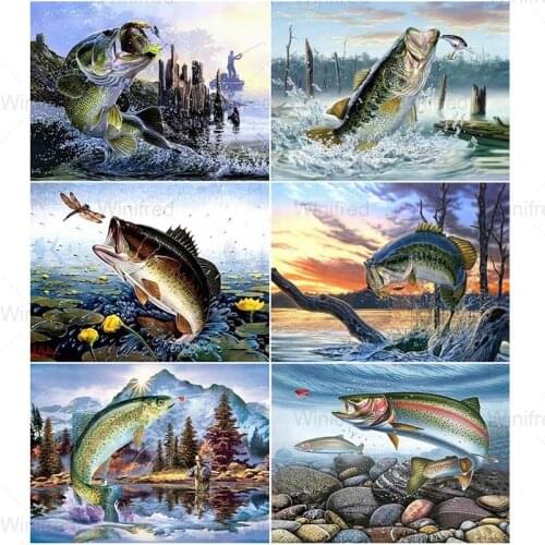 Fishing Painting Diamond Painting River Scenery Fish Diamond Embroidery Kit 5D DIY Diamond Painting Full Drill Mosaic Art Mural