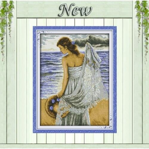 Seaside girl,Counted printed on the canvas DMC 14CT 11CT Cross Stitch Needlework kit,Embroider Set,pretty woman Home wall Decor