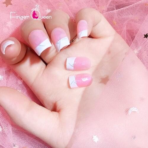 24pcs Box French Pink White Silver Pattern Fake Nails With Glue Reusable False Nails Artificial Acrylic Simplicity Design