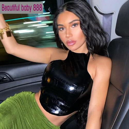 Meqeiss New Faux PU Crocodile Skin Halter Camisole Women Bodycon Club Backless Zipper Tank Top Basic Lrregular Street CropTop