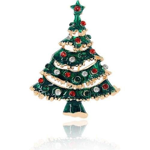 Christmas Tree Gold Color Green Lovely Small Shinning Rhinestone Brooches Men and Women Fashion Jewelry