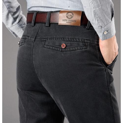 ICPANS Autumn Winter Denim Casual Pants Men Black Straight High Waist Stretch Mens Pants Denim Trousers
