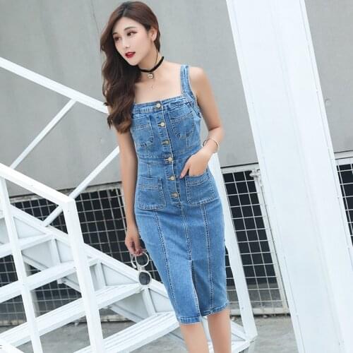 Summer Fashion Women Sexy Spaghetti Strap Jean Dress Student Denim Midi Dress Retro High Waist Office Wrap Pencil Dress