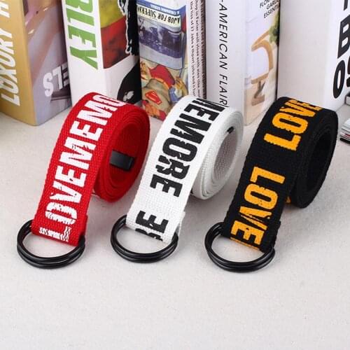 Harajuku Style Black Red Belts LOVEMEMORE Letter Print Fashion Unisex Double D Ring Canvas Strap Long Jeans Belts For Women Men