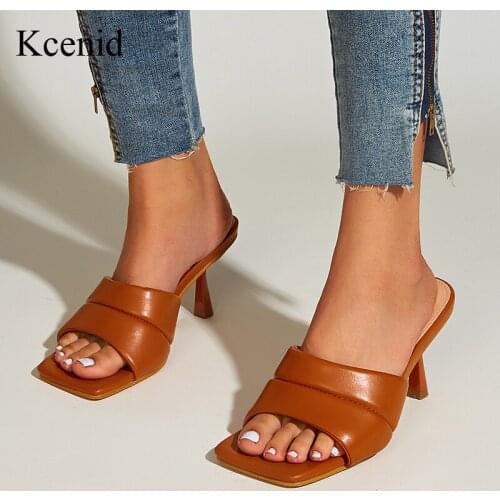 Kcenid Vintage Square Toe Women Slipper Shoes Summer Mules Sandals Brown White Sexy High Heel Slides Ladies Shoes Big Size 35-41