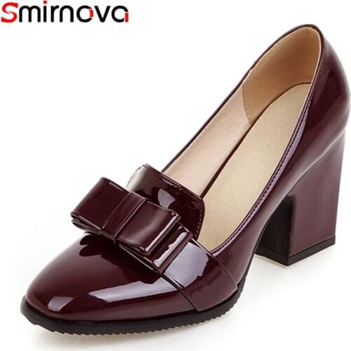Smirnova big size 34-43 new slip-on high heels shoes thick heel square toe patent leather solid color spring summer women pumps