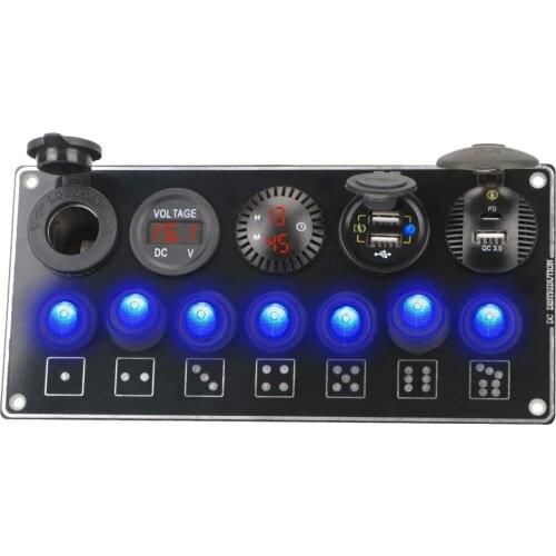 ON-Off Rocker Toggle 7 Gang QC3.0 & PD Quick Charge Dual USB Socket Charger for Truck Boat RV Waterproof Car Switch Panel