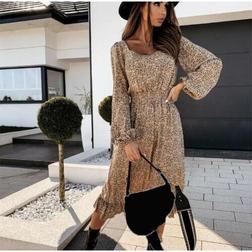 Spring Women Dress 2021 New Fashion Long Sleeve Floral Maxi Dress Casual Square Collar Ruffles Black Beach Dresses Robe Femme