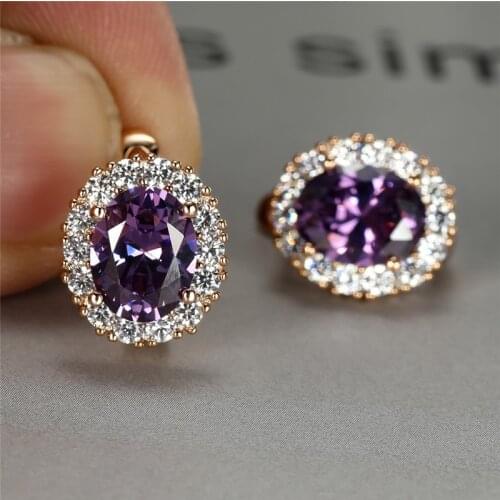Dainty Bridal Crystal Oval Wedding Earrings Trendy Female Purple Zircon Earrings Vintage Rose Gold Color Hoop Earrings For Women