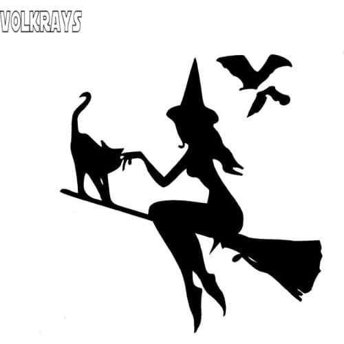 Volkrays Cartoon Car Sticker Witch on Broomstick with Cat & Bats Vinyl Waterproof Sunscreen Decal Black Silver,14cm*13cm