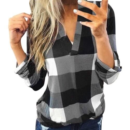 Womens Roll Up Long Sleeve V-Neck Plaid Lattice Shirt Print Blouse Tops Girls Fashion Classic Plaid Splicing All-match T-Shirt