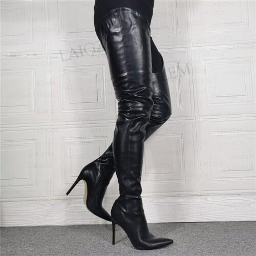 SEIIHEM Women Thigh High High Boots Pointed Toe Thin High Heels Boots Over Knee Handmade Black Shoes Woman Big Size 39 43 45 47