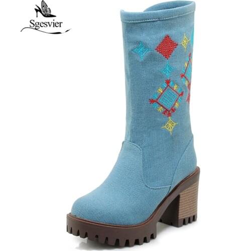 Sgesvier Womens Denim Jeans Zipper Mid Calf Boots Embroidery Casual Shoes Block Heel Oxfords Plus Size Black Blue 3 Colors B659
