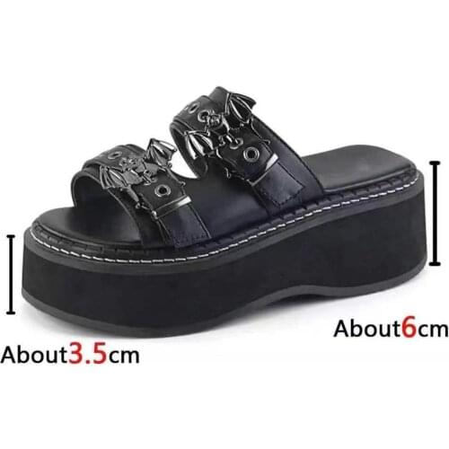 Womens Open Toe Skull Decor Platform Slippers Slides Shoes Wedge High Heel Summer Punk Dark Rivet Black Plus Size New 2021