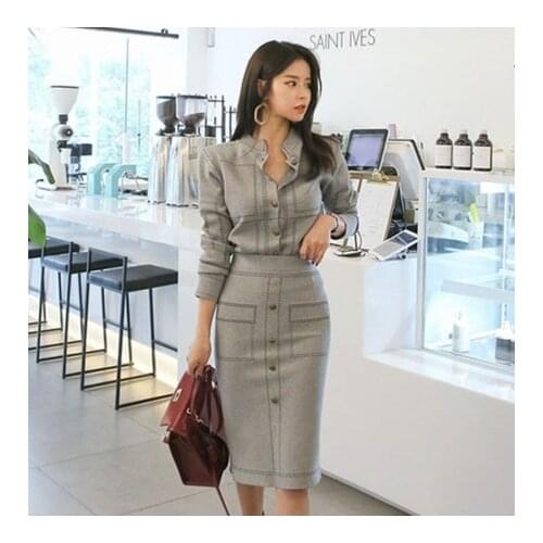 Ladies Casual Knitted Suit 2019 New Spring Fashion Women 2 Piece Set Round Neck Sweater Tops Sheath Split Dress Knit 2 Piece Set