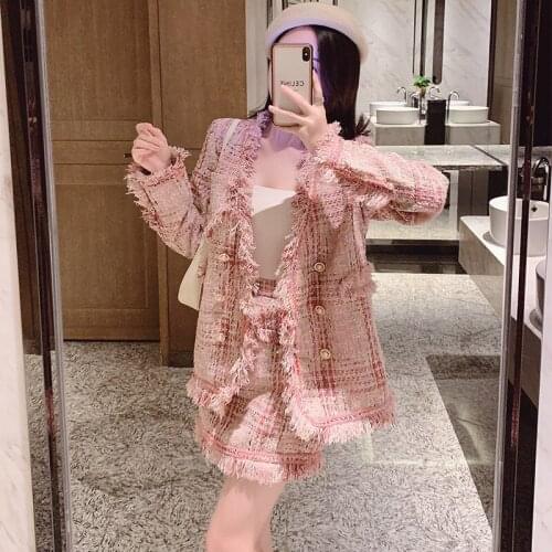 Pink Plaid Tweed Jacket+Short Dress Suit Spring/Autumn/Winter Womens Jacket Business Ladies 2 Piece Suit
