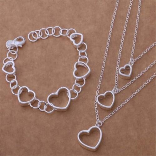 Hot new high quality silver color jewelry fashion Women simple heart necklace bracelet jewelry set classic style H141N038