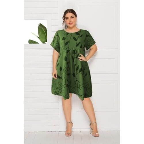 Plus Size Women Dress Sweet Cute Boho Leaves Print Short Sleeve Casual Dress Beach Party O-Neck Loose Mini Dress Femme Vestidos