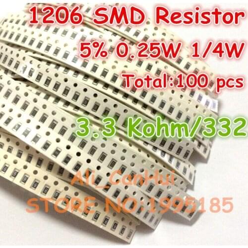 100pcs/lot 1206 5% 3.3 Kohm 3.3K 332 1/4W 0.25W SMD Resistor 3.2*1.6mm