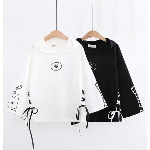2021 Casual Long Sleeve Sweater hoodies for teen girls Couple Clothing Hoodied skirt Black and White Printed Cat Pattern Sweater
