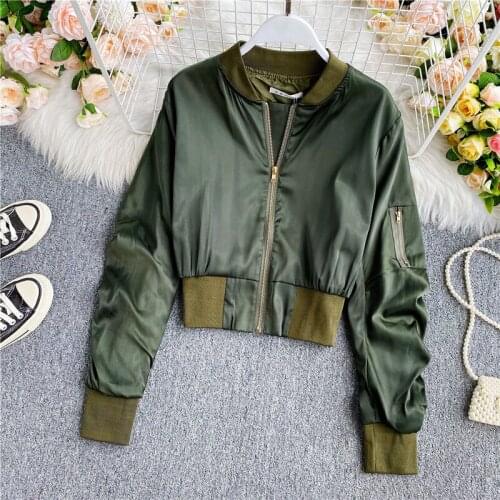 2021 Spring Autumn New Fashion Women Long Sleeve Loose Jacket Solid Zipper High Waist Short Baseball Coat Casual Overcoat