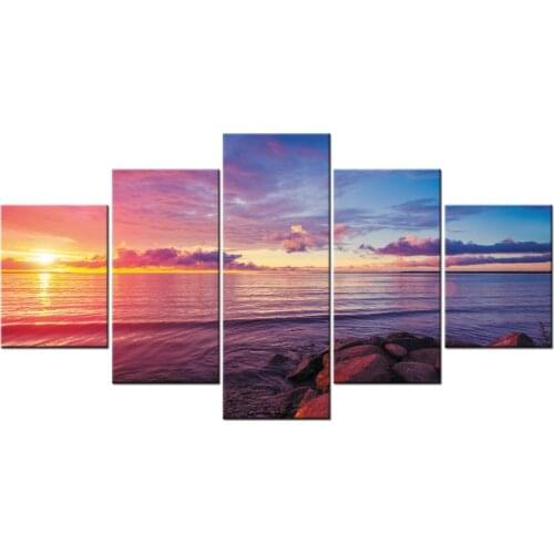 5 Panel Modern Sunset Beach Wall Art Canvas Prints Ocean Waves On Canvas Home Decoration For Living Room Framed J009-049