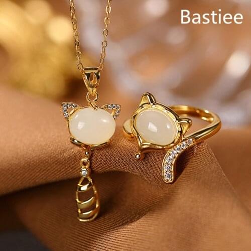 Bastiee Natural Stone Jade Fox 925 Sterling Silver Jewelry Sets For Women Ring Necklace Pendants Luxury Gift Gold Plated