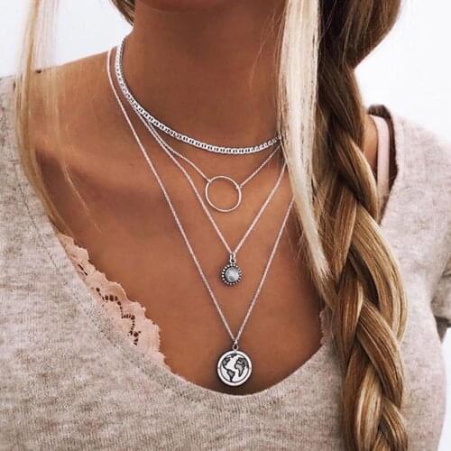Bohemian Multilayer Chains Round Gem Map Pendant Necklace for Women Elegant Geometric Chocker Necklace Vintage Jewelry YN1693