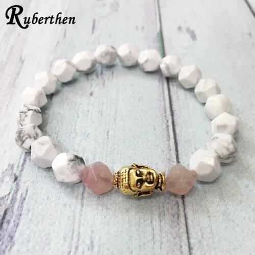 Ruberthen Strawberry Quart z Diamon d Cut Bracelet White Howlite Buddha Bracelet Healing Balance Chakra Yoga Mala Bracelet