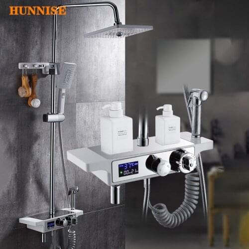 Digital Bathroom Shower Set Thermostatic Bathroom Shower Mixer Set Square Rainfall Shower Head White Chrome Digital Shower Set
